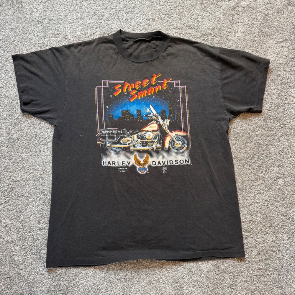 Vintage 1989 Harley Davidson 3D Emblem Street Smart T-Shirt Black Single Stitch